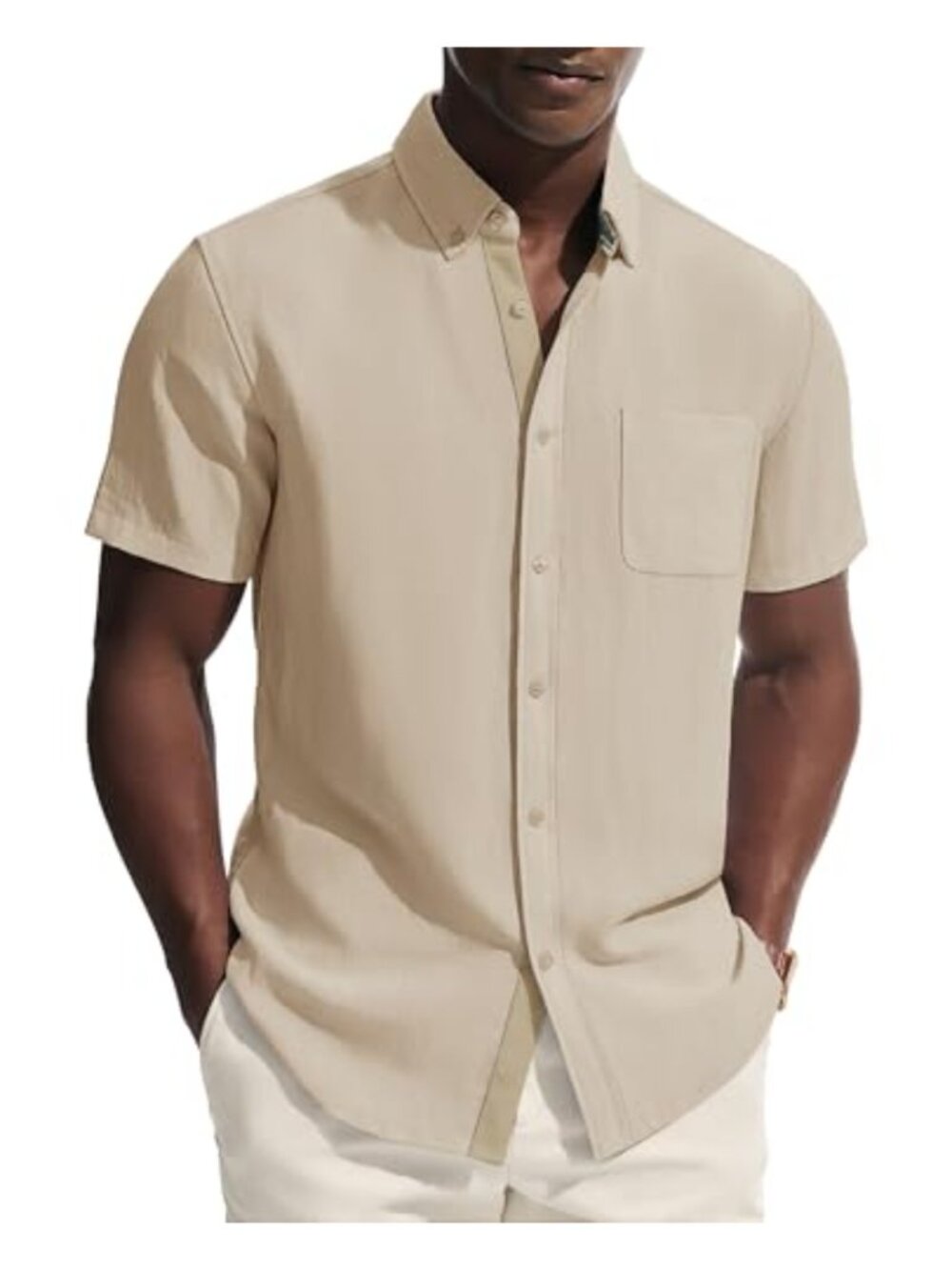 Mens Linen Blend Short Sleeve Button Down Shirt Casual Fit